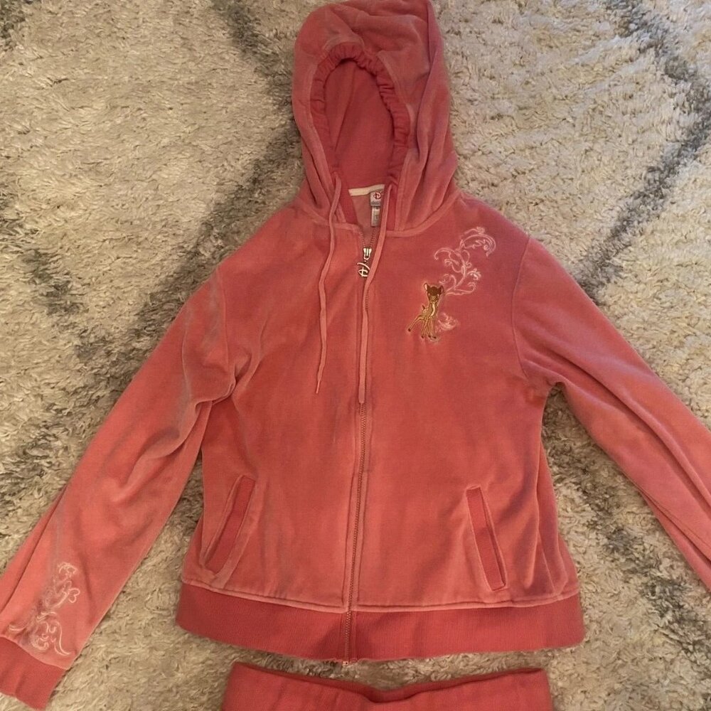 Rare Disney Y2K Bambi Embroidered Velour Pink Tracksuit Size Large